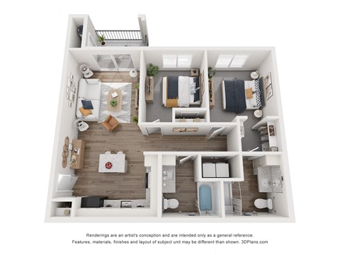 Floor plan for 2 beds, 2 baths, 930 sqft